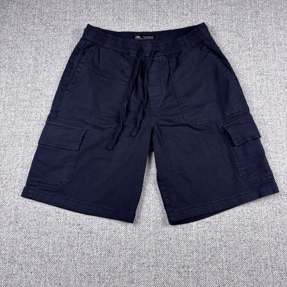 Zara DNWR Men's Black Blue Cargo Shorts Drawstring Elastic Waist Size Medium